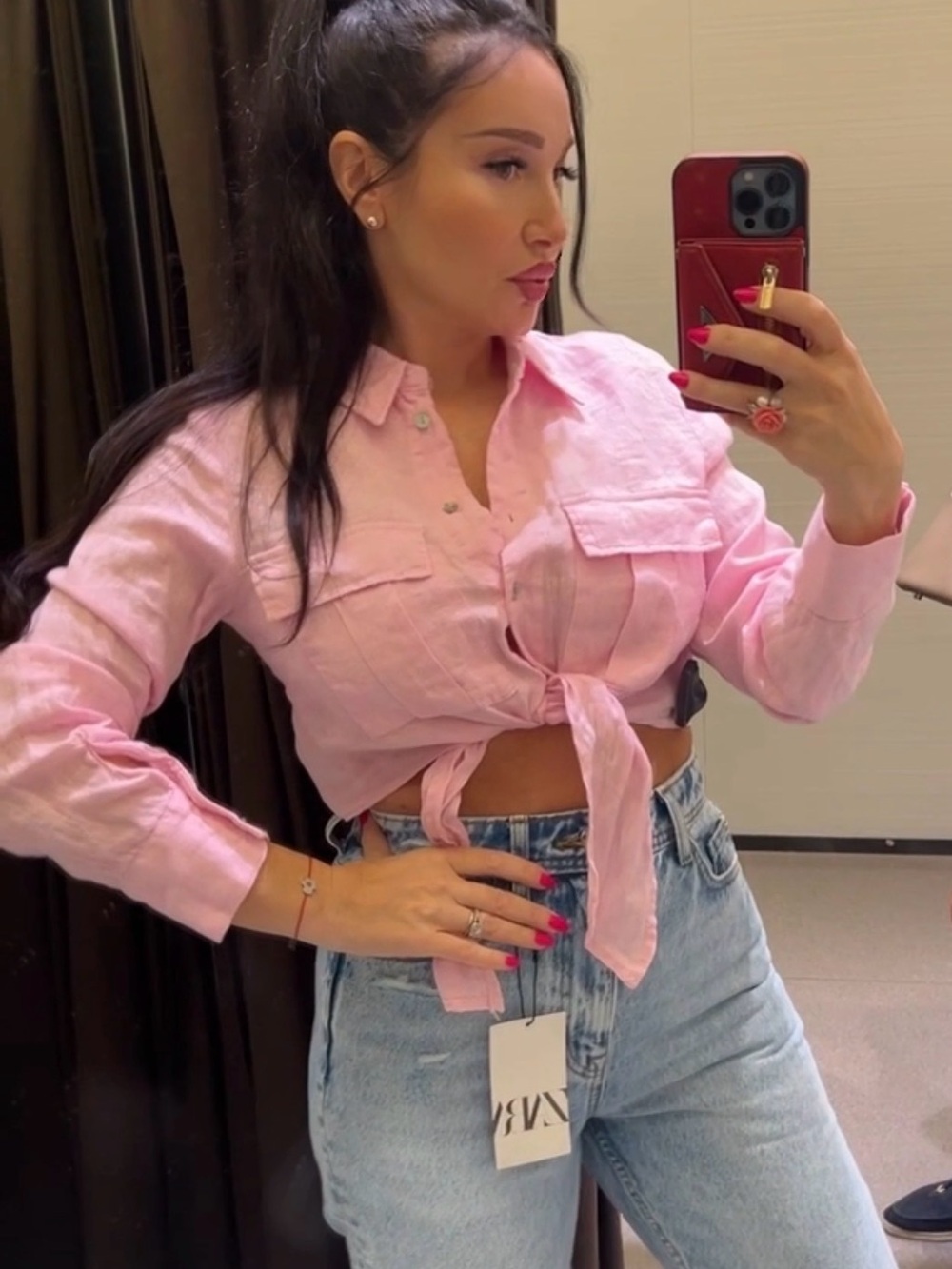 Zara Light Pink Tie-Front Button Down Shirt
